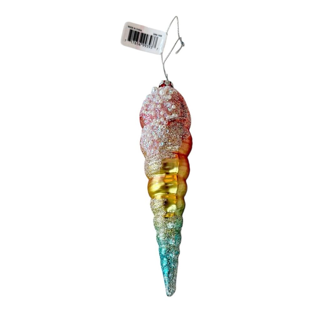 Spiral‎ Seashell Blown Glass Christmas Ornament Iridescent 6.5" Long Frosted NWT